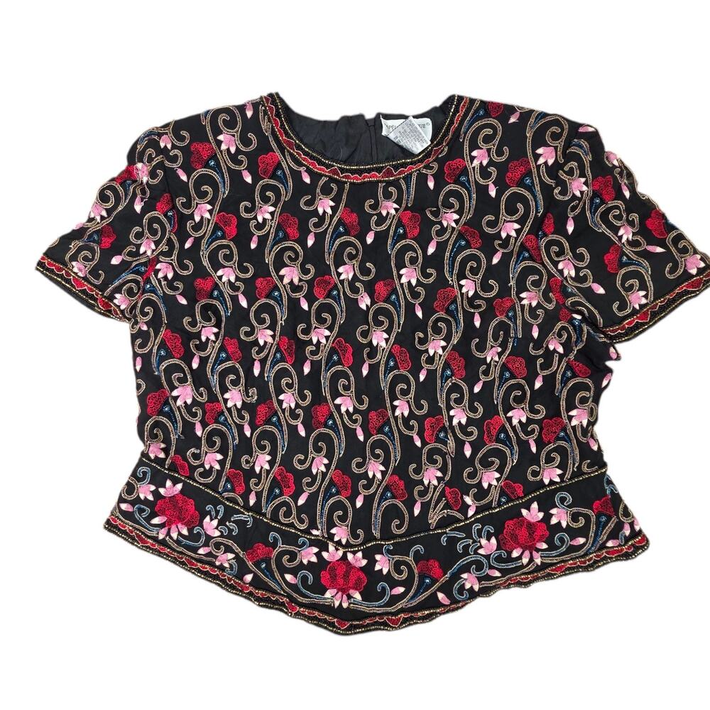 Adrianna Papell Boutique Evening Silk Sequin Beaded Top Black Shirt Size 2X